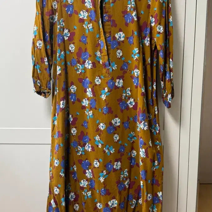 [BUNJANG] Brown Floral Print 7-Sleeve Midi Dress / 플라워 패턴 브라운 7부 원피스