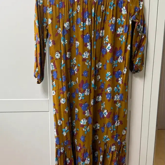 [BUNJANG] Brown Floral Print 7-Sleeve Midi Dress / 플라워 패턴 브라운 7부 원피스