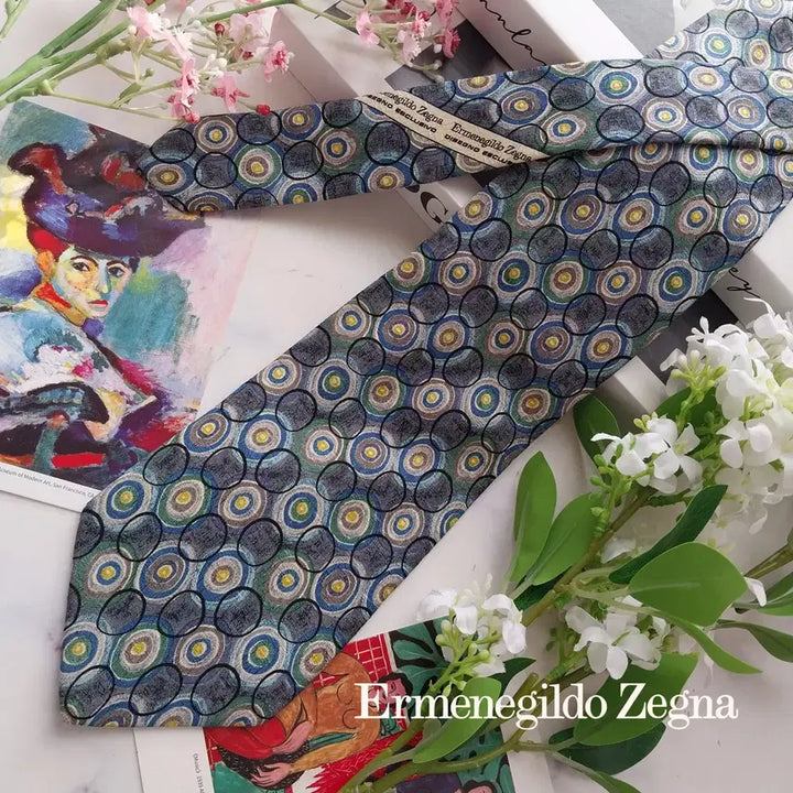 [BUNJANG] Ermenegildo Zegna Grey &amp; Blue Pattern Silk Tie / 에르메네질도 제냐 그레이 패턴 넥타이 9.7cm S~A+등급 K2433