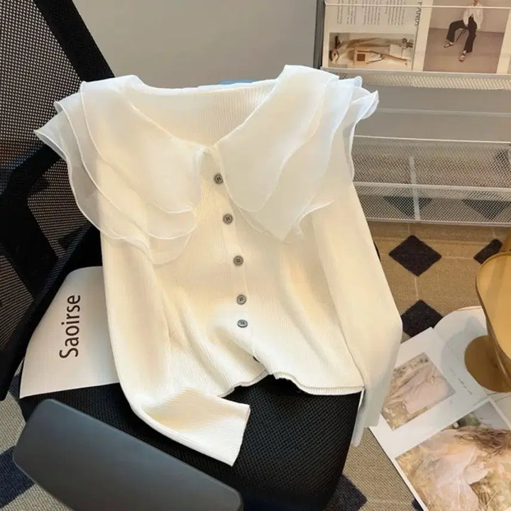 [BUNJANG] White Frill Collar Knit Cardigan / 화이트 프릴 카라 니트 가디건