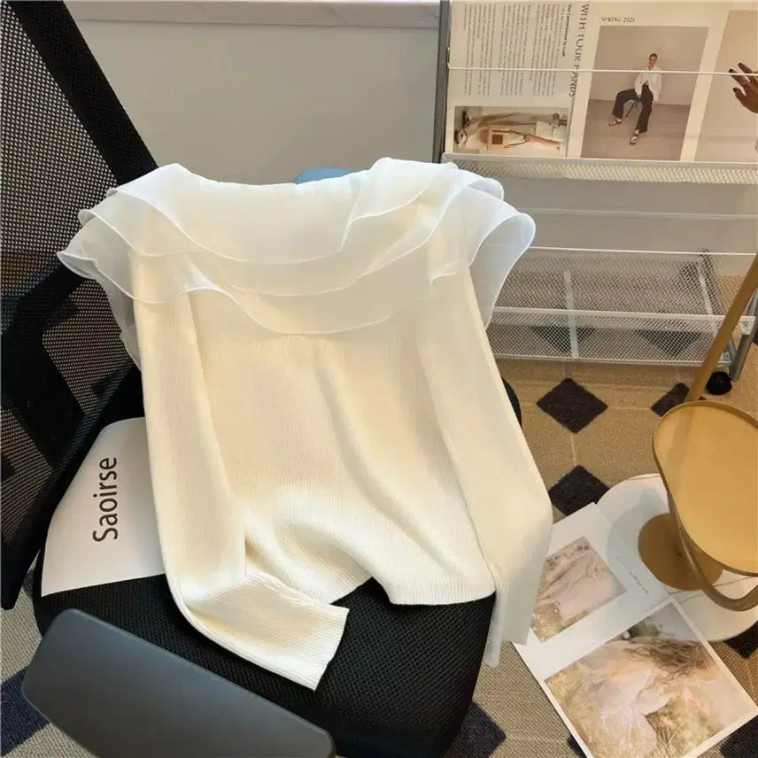 [BUNJANG] White Frill Collar Knit Cardigan / 화이트 프릴 카라 니트 가디건