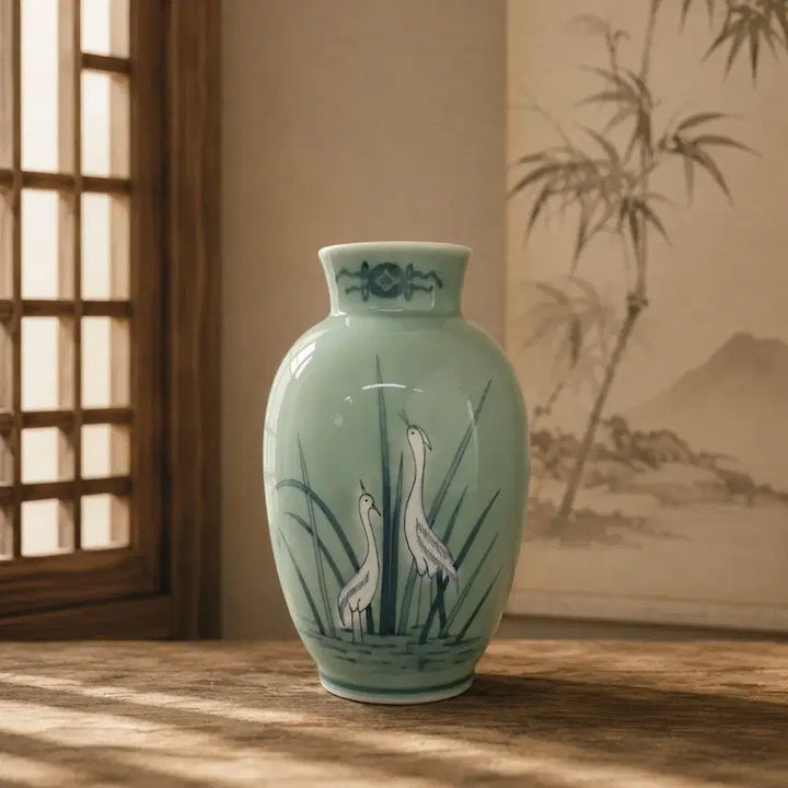 [BUNJANG] Celadon Porcelain Crane Painting Vase / 청자 학그림 화병 항아리 인테리어 장식용 소품