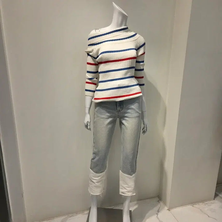 [BUNJANG] Unbalanced Off-Shoulder Knit &amp; White Combo Denim Set / 세트가격 언발 오프숄더 니트&amp;밑단 화이트 콤비 데님 셋업 핏대박(새상품)