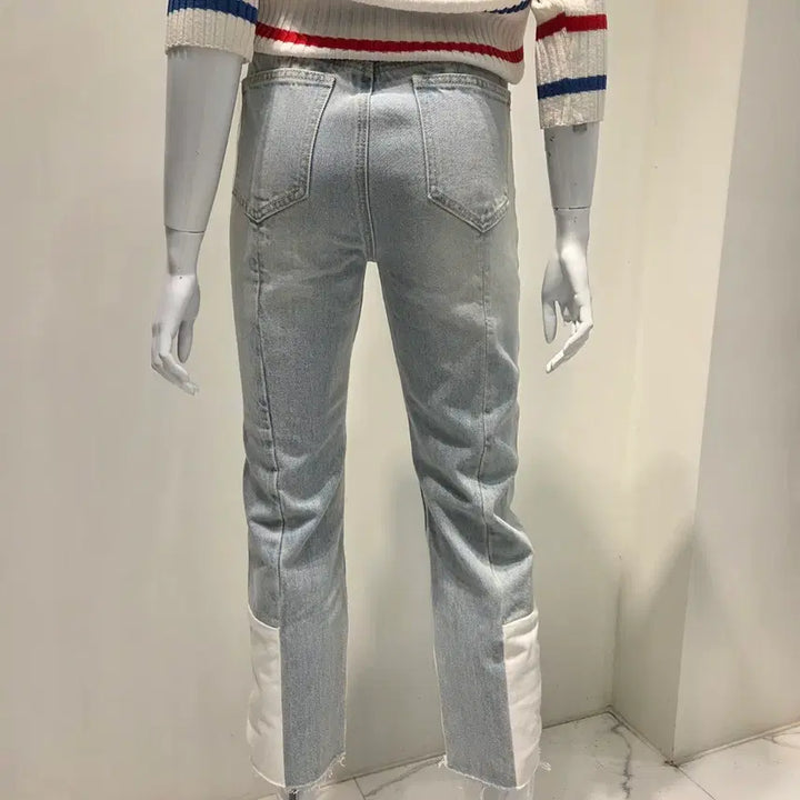 [BUNJANG] Unbalanced Off-Shoulder Knit &amp; White Combo Denim Set / 세트가격 언발 오프숄더 니트&amp;밑단 화이트 콤비 데님 셋업 핏대박(새상품)