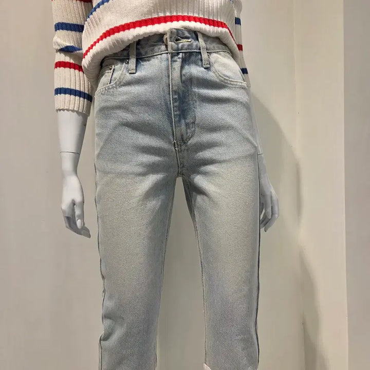 [BUNJANG] Unbalanced Off-Shoulder Knit &amp; White Combo Denim Set / 세트가격 언발 오프숄더 니트&amp;밑단 화이트 콤비 데님 셋업 핏대박(새상품)