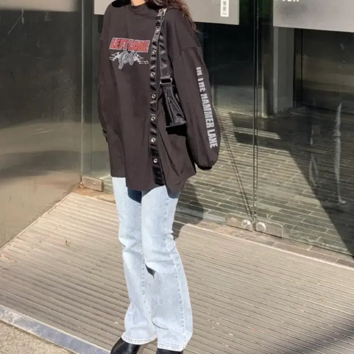 [BUNJANG] Lettering Loose Fit Long Sleeve T-Shirt Black / 레터링 나염 루즈핏 긴팔 티셔츠 쭉티 블랙