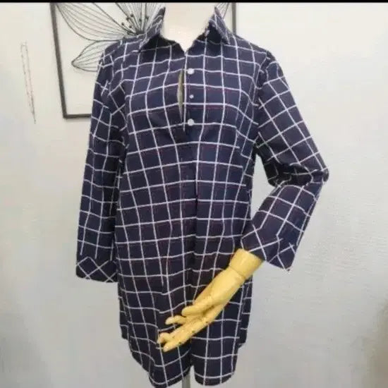 [BUNJANG] Greenjoy Navy Check 7-Sleeve Shirt Size 95 / 그린조이 네이비 체크 셔츠  95사이즈