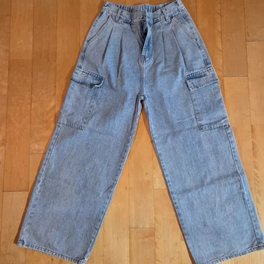 [BUNJANG] Light Blue Denim Cargo Wide Pants / 연청 데님 카고 와이드 팬츠