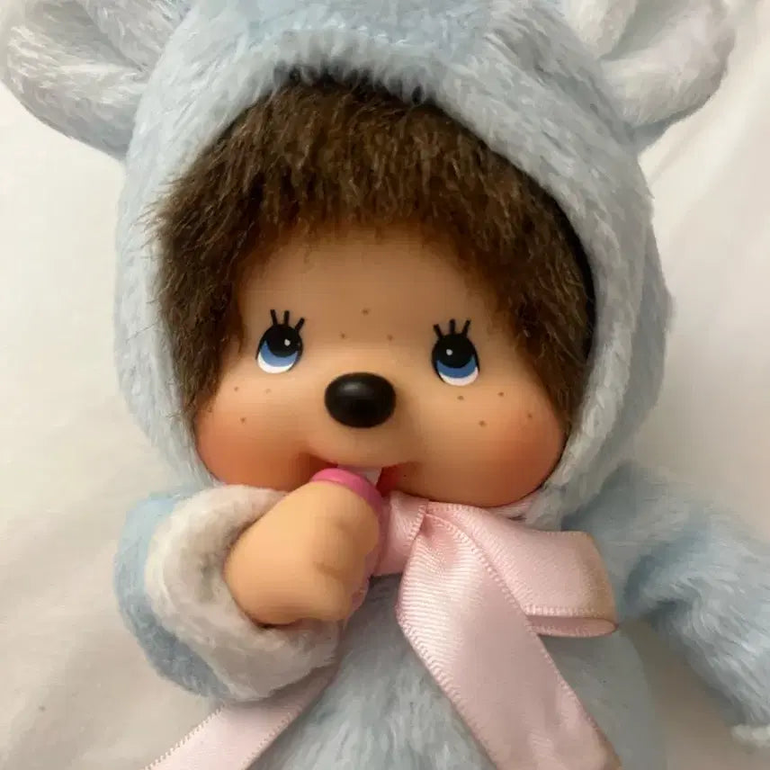 [BUNJANG] Sekiguchi Classic Monchhichi Sky Blue Bear Pink Ribbon / 세키구치 고전 몬치치 하늘색 곰돌이 핑크 리본