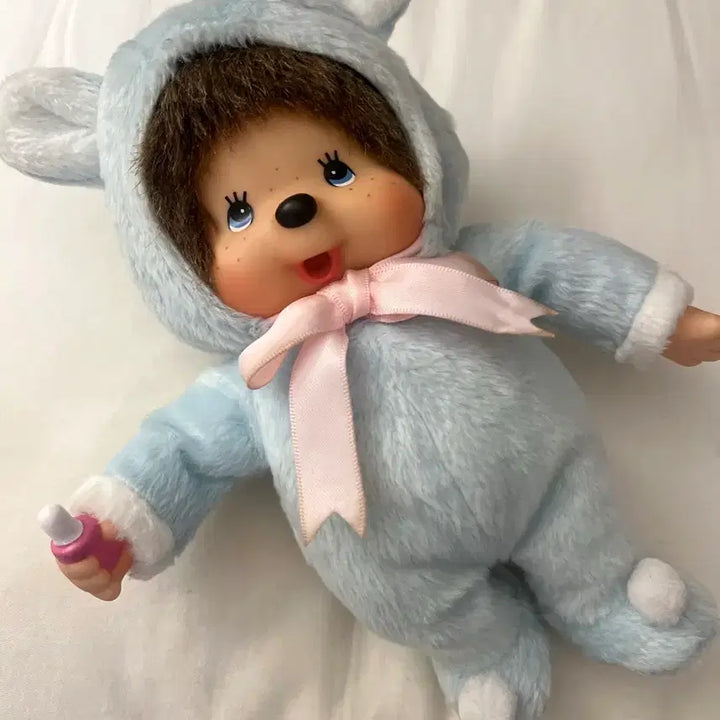 [BUNJANG] Sekiguchi Classic Monchhichi Sky Blue Bear Pink Ribbon / 세키구치 고전 몬치치 하늘색 곰돌이 핑크 리본