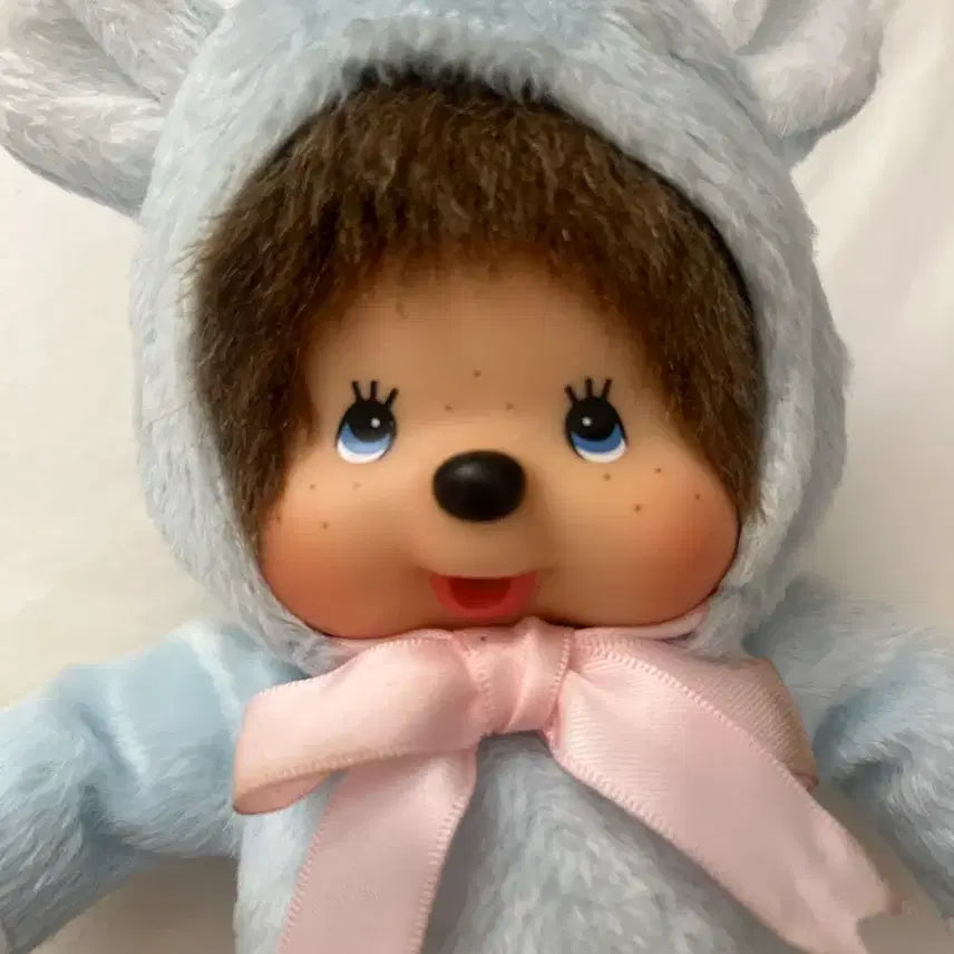 [BUNJANG] Sekiguchi Classic Monchhichi Sky Blue Bear Pink Ribbon / 세키구치 고전 몬치치 하늘색 곰돌이 핑크 리본