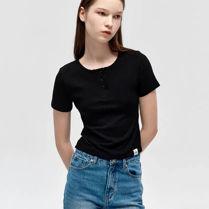 [BUNJANG] Citybreeze Essential Henley Neck Short Sleeve Black M / 시티브리즈 에센셜 헨리넥 반팔 블랙 M