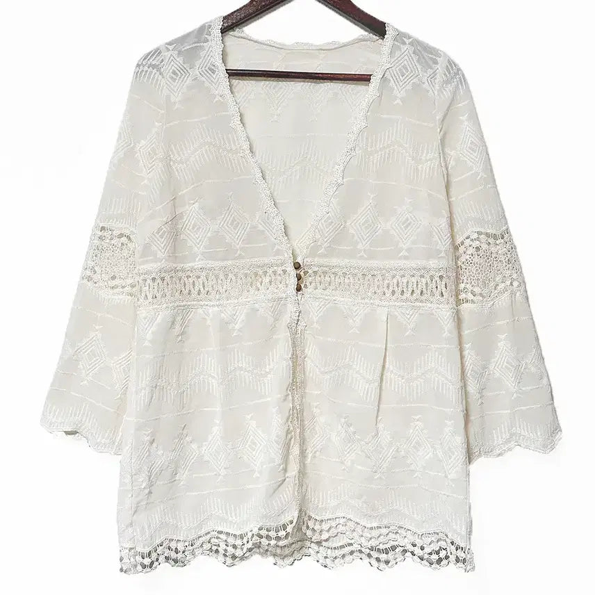 [BUNJANG] Vintage Lace Embroidery Chiffon Cardigan / 일본빈티지 레이스자수펀칭 쉬폰가디건아이보리 모리걸하구미룩갸루y2k 히피