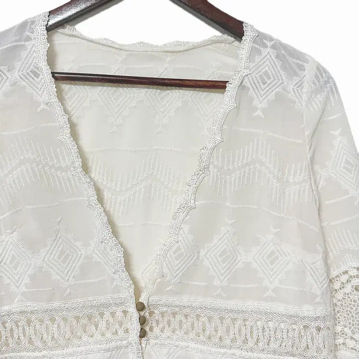 [BUNJANG] Vintage Lace Embroidery Chiffon Cardigan / 일본빈티지 레이스자수펀칭 쉬폰가디건아이보리 모리걸하구미룩갸루y2k 히피