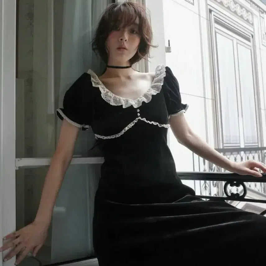 [BUNJANG] Pleats Velvet Lace Long Dress / 플레따 벨벳 레이스 롱 드레스