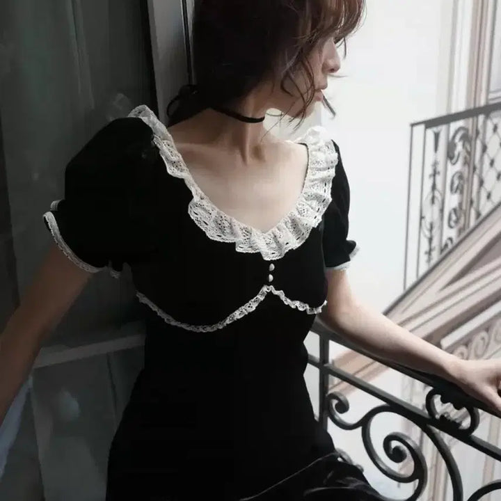 [BUNJANG] Pleats Velvet Lace Long Dress / 플레따 벨벳 레이스 롱 드레스