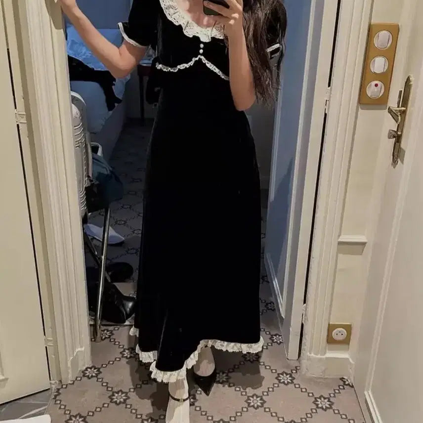 [BUNJANG] Pleats Velvet Lace Long Dress / 플레따 벨벳 레이스 롱 드레스