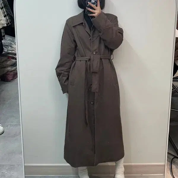 [SOLD OUT] 프리 간절기 봄 코트 마뗑킴 싱글 벨티드 롱 트렌치 코트 브라운