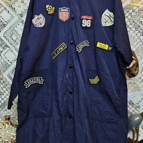 [BUNJANG] Navy Patch Long Hooded Jumper Coat / 패치 장식 네이비 후드 롱 점퍼코트