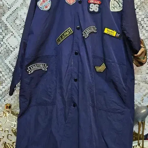 [BUNJANG] Navy Patch Long Hooded Jumper Coat / 패치 장식 네이비 후드 롱 점퍼코트