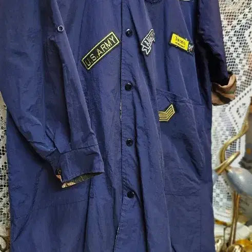 [BUNJANG] Navy Patch Long Hooded Jumper Coat / 패치 장식 네이비 후드 롱 점퍼코트