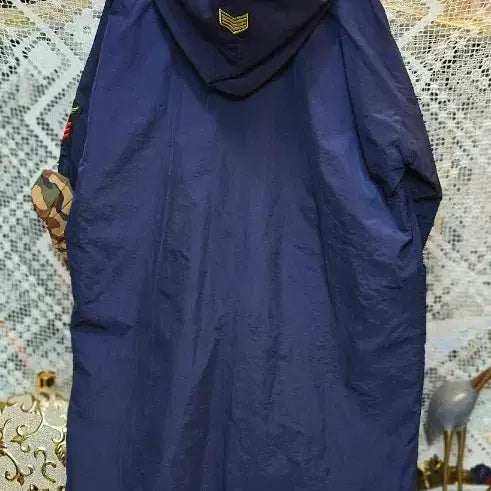 [BUNJANG] Navy Patch Long Hooded Jumper Coat / 패치 장식 네이비 후드 롱 점퍼코트