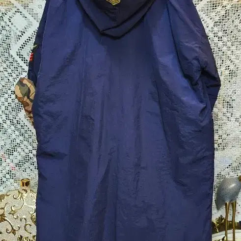 [BUNJANG] Navy Patch Long Hooded Jumper Coat / 패치 장식 네이비 후드 롱 점퍼코트