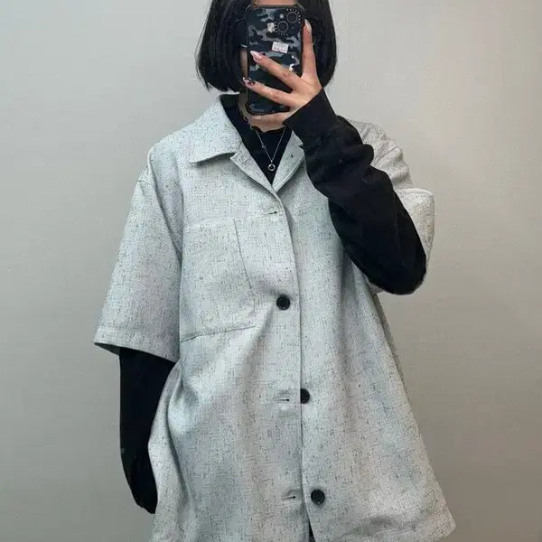 [SOLD OUT] 105 리버클래시 라이트블루 썸머트위드 오픈칼라 하프 셔켓 반팔 셔츠