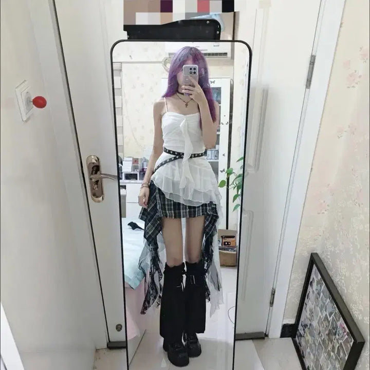 [BUNJANG] Gothic White Black Layered Two-Piece Set / 고딕 화이트 블랙 레이어드 상의+치마 투피스 세트