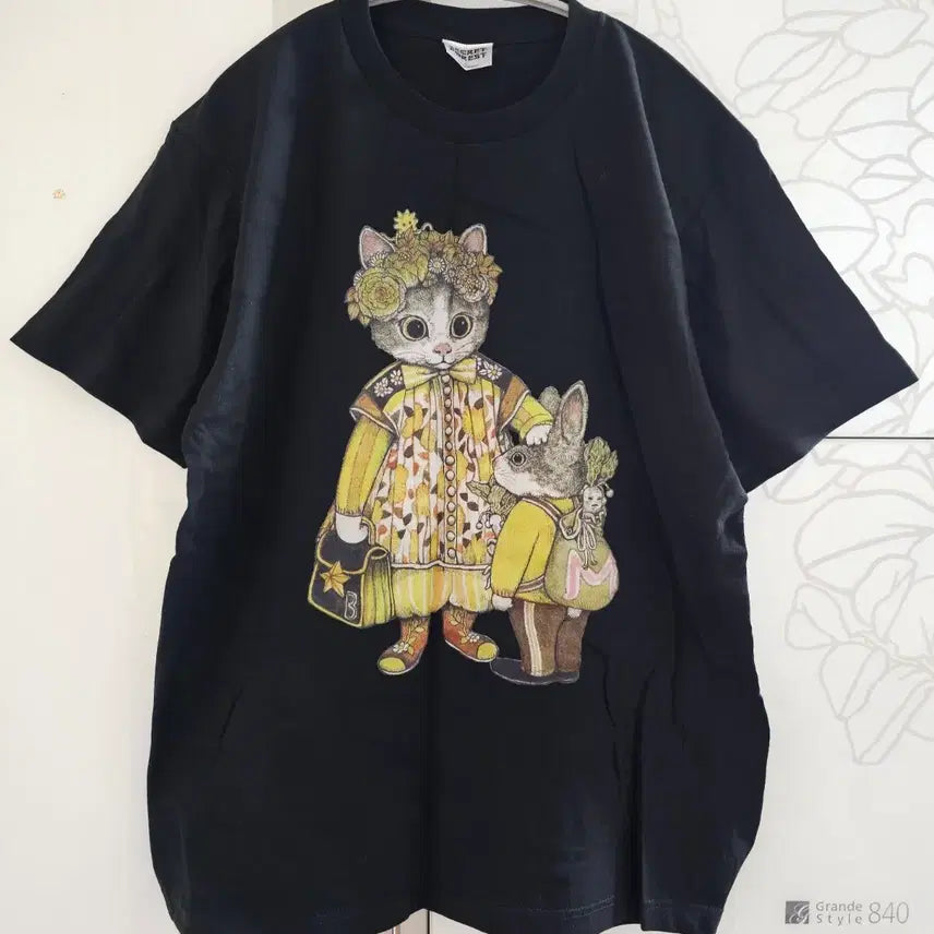[BUNJANG] Yuko Higuchi Cat Rabbit Printed T-shirt / (착용X) 유코히구치 전시 굿즈 고양이 토끼 프린팅 반팔티 블랙