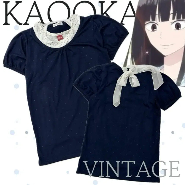 [BUNJANG] Disney Navy Dot Short Sleeve Blouse with Ribbon / 디즈니 네이비 도트 반팔 블라우스 리본