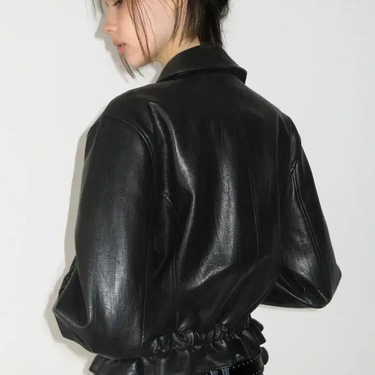 [BUNJANG] Sunburn Project Black Faux Frill Leather Jacket / 썬번프로젝트 Faux Leather Frill Jumper 레더 자켓