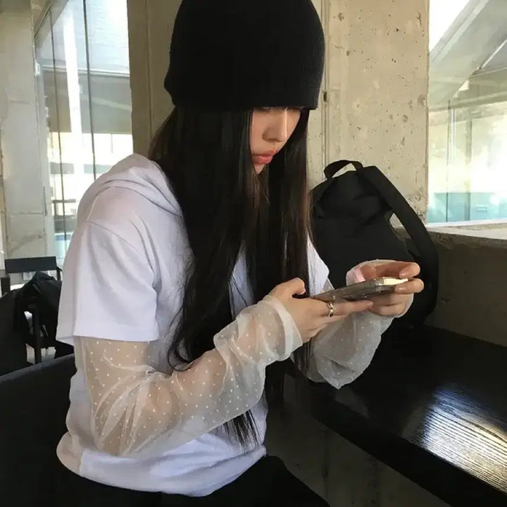 [BUNJANG] Raming Dot See-through Hood T-shirt White / 라밍 도트 시스루 후드 티셔츠 화이트