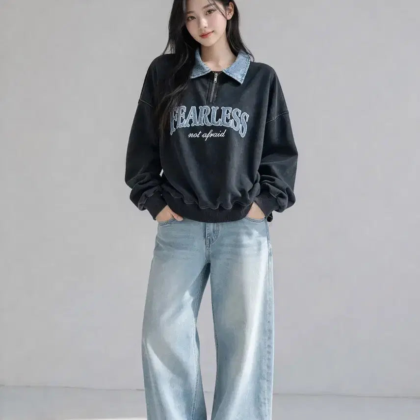 [BUNJANG] REGEN BOGEN FEARLESS Denim Collar Oversized Sweatshirt / [여자 FREE]레겐보겐 FEARLESS 데님 카라 오버핏 맨투맨