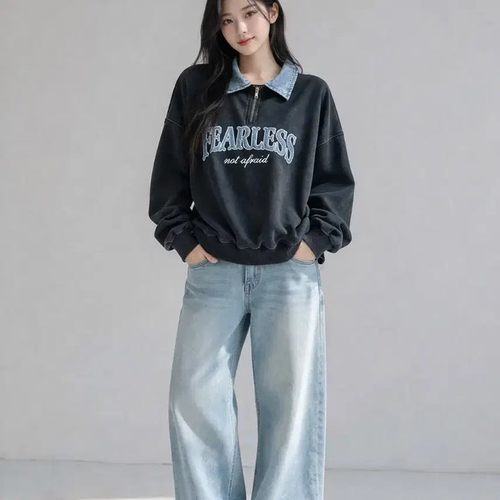 [BUNJANG] REGEN BOGEN FEARLESS Denim Collar Oversized Sweatshirt / [여자 FREE]레겐보겐 FEARLESS 데님 카라 오버핏 맨투맨