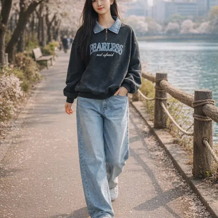 [BUNJANG] REGEN BOGEN FEARLESS Denim Collar Oversized Sweatshirt / [여자 FREE]레겐보겐 FEARLESS 데님 카라 오버핏 맨투맨