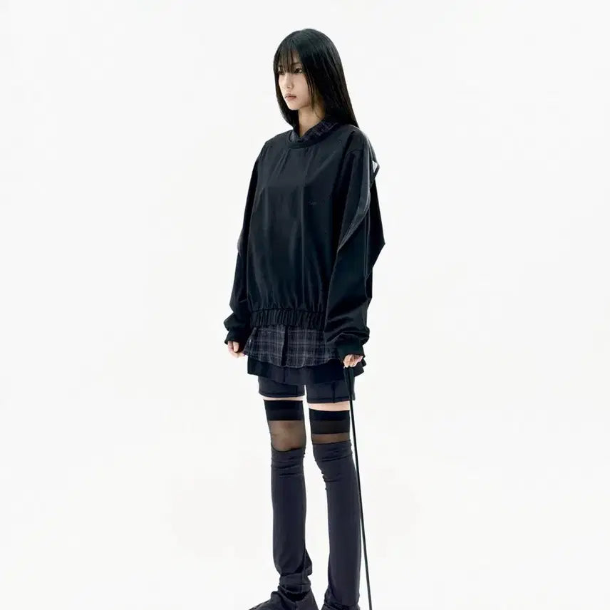 [BUNJANG] Ojos Layered Mesh Nylon Sweatshirt - Black / 오호스 Layered Mesh Nylon Sweatshirts / Bla