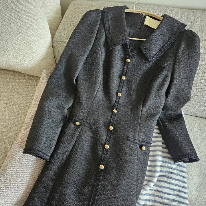 [BUNJANG] Floome Black Tweed Gold Button Long Dress / 플로움 블랙 트위드 금장 단추 원피스