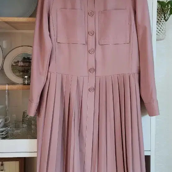 [BUNJANG] Aniv.F Pink Pleated Long Dress / 아니베에프  핑크 셔츠 칼라 플리츠 롱 원피스 55