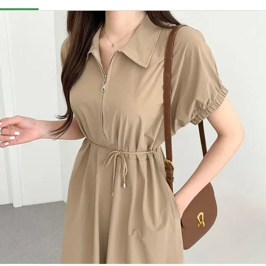 [BUNJANG] Lace-Up Puff Sleeve Daily Dress / 레이스업 원피스 퍼프소매 데일리룩(무료배송)