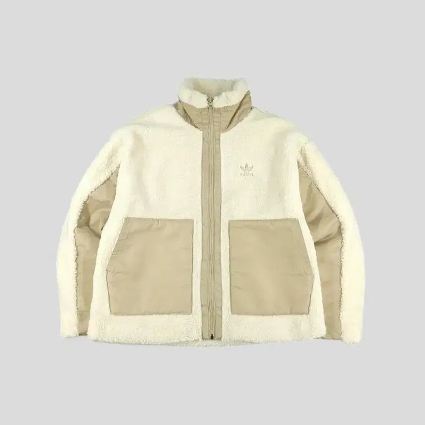 [BUNJANG] Adidas Ivory Beige Trefoil Logo Sherpa Jacket / 아디다스 아이보리 베이지 배색 트레포일 로고 빅포켓 덤블 뽀글이 셰르파