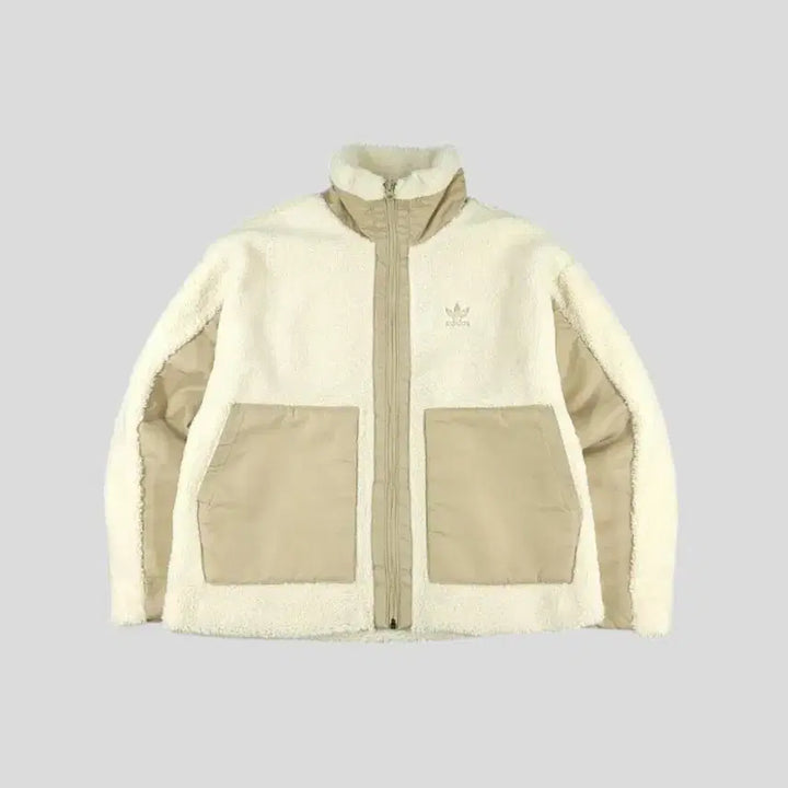[BUNJANG] Adidas Ivory Beige Trefoil Logo Sherpa Jacket / 아디다스 아이보리 베이지 배색 트레포일 로고 빅포켓 덤블 뽀글이 셰르파