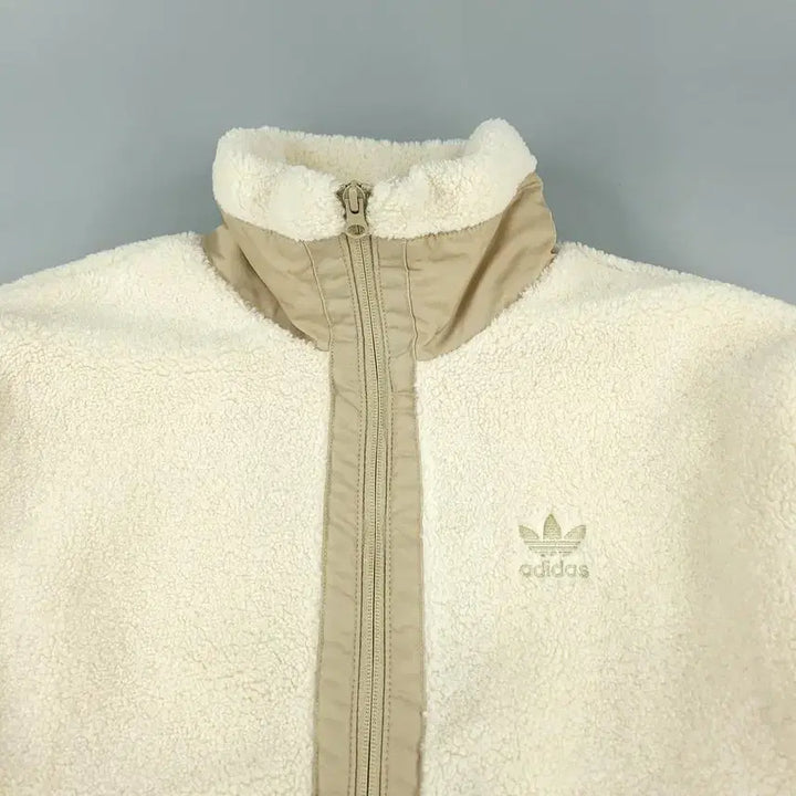[BUNJANG] Adidas Ivory Beige Trefoil Logo Sherpa Jacket / 아디다스 아이보리 베이지 배색 트레포일 로고 빅포켓 덤블 뽀글이 셰르파