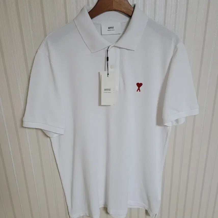 [BUNJANG] AMI White Small Heart Embroidered Polo Shirt / [L] 아미 화이트 스몰 하트자수 반팔 카라티 BFHPL001