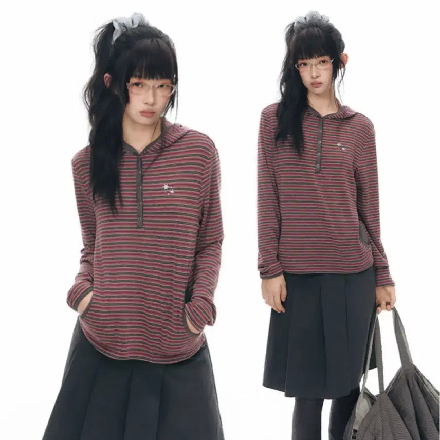 [BUNJANG] TAKEANAP Striped Color Block Long Sleeve T-shirt / TAKEANAP 티셔츠 스트라이프 후드 컬러 블록 긴팔 티셔츠
