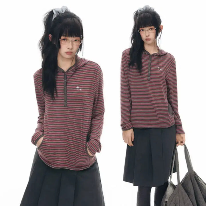 [BUNJANG] TAKEANAP Striped Color Block Long Sleeve T-shirt / TAKEANAP 티셔츠 스트라이프 후드 컬러 블록 긴팔 티셔츠