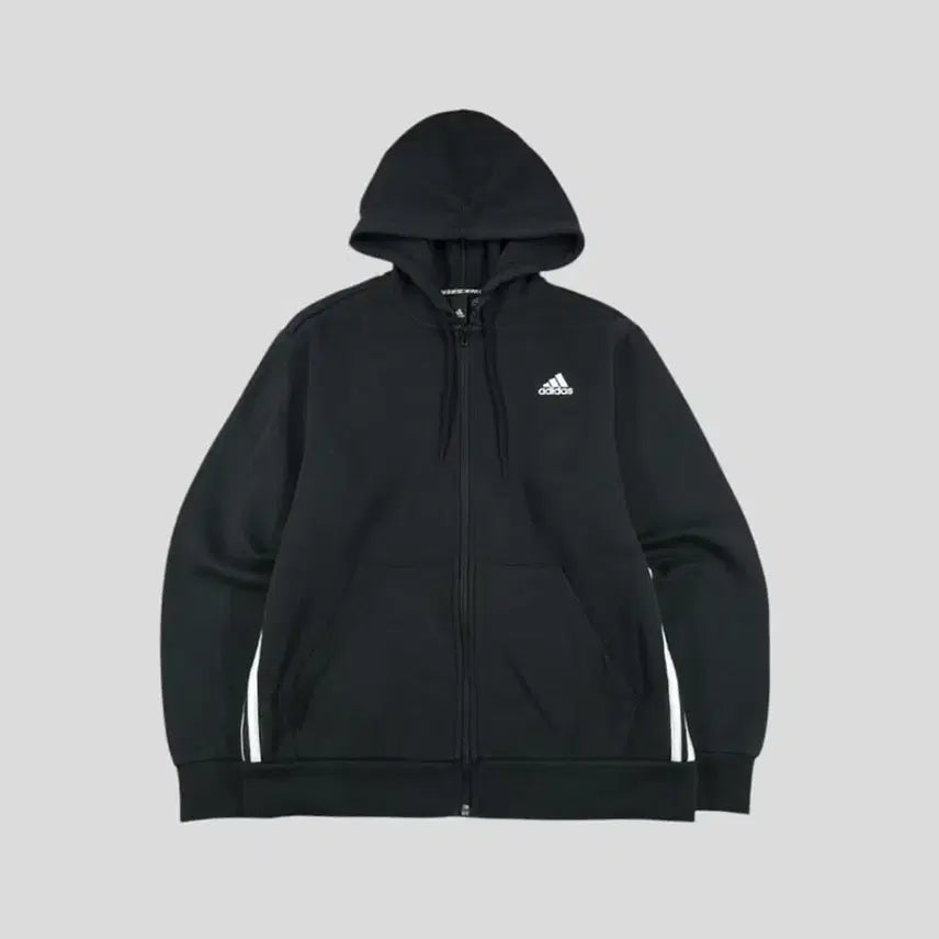 [BUNJANG] Adidas Black White Logo Cotton Blend Hooded Zip-up Jacket / 아디다스 블랙 화이트 로고 삼선 코튼블렌드 후드집업 M-L
