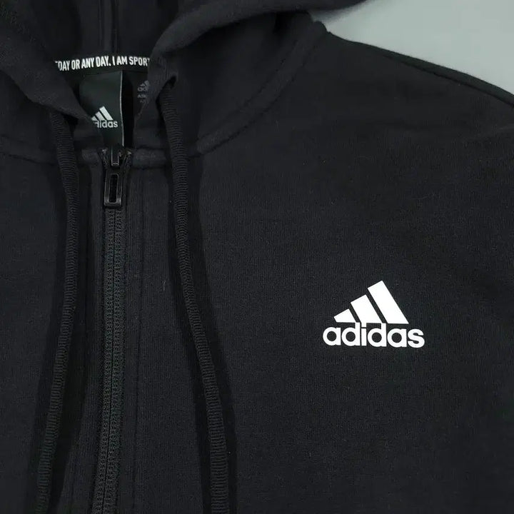 [BUNJANG] Adidas Black White Logo Cotton Blend Hooded Zip-up Jacket / 아디다스 블랙 화이트 로고 삼선 코튼블렌드 후드집업 M-L