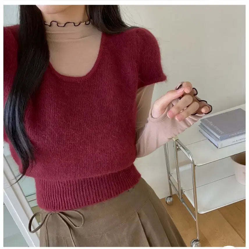 [BUNJANG] Red Angora Short Sleeve Knit Top / 새상품) 레드 앙고라 반팔 니트
