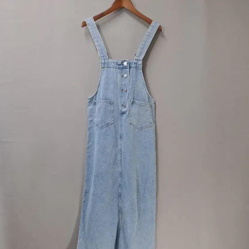 [BUNJANG] Blue Denim Long Overall Dress / 청 데님 멜빵 롱 원피스